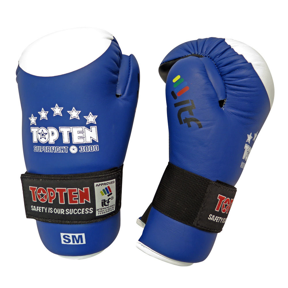 bent meget Sekretær TOP TEN ITF Taekwon-Do Superfight Leather Blue/White Open Hand Gloves,