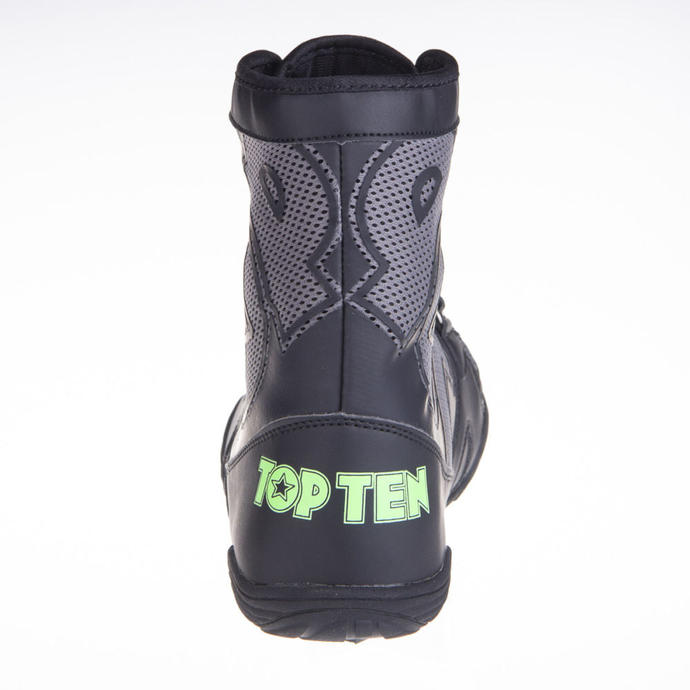 TopTen Boxing Shoes - Black/Grey Mid-Top with Lockdown Strap, 1172-1