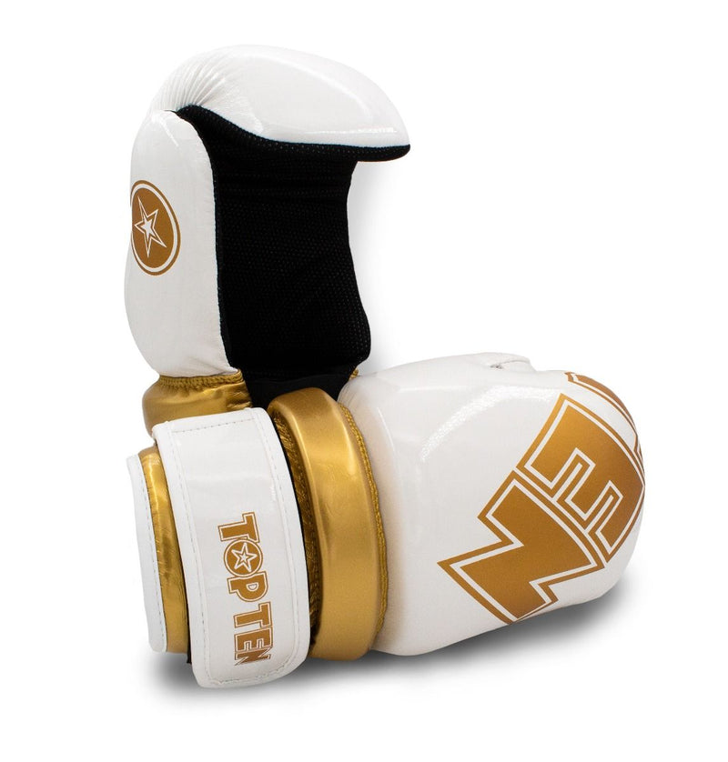 TOP TEN Glossy White/Gold Pointfighter Open-Hand Gloves, 21656-6