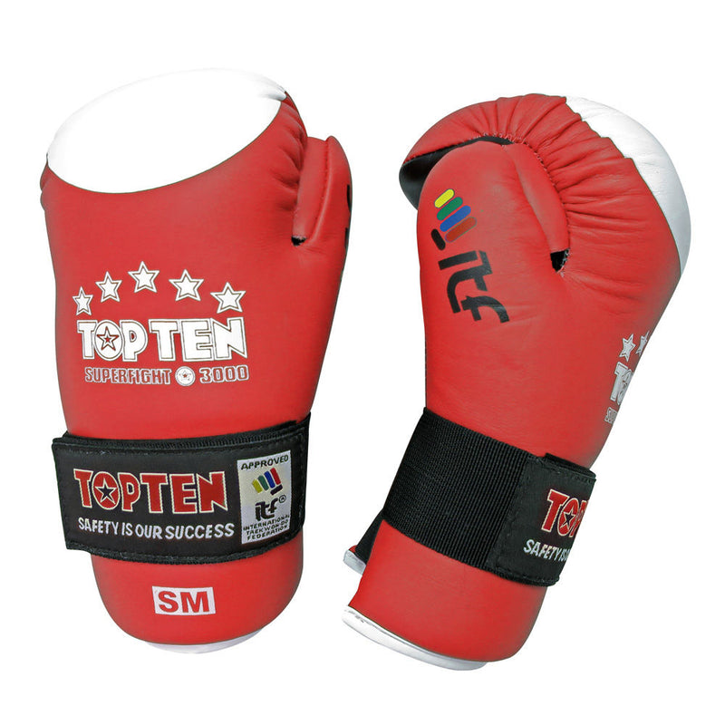 TOP TEN ITF Taekwon-Do Superfight Leather Red/White Open Hand Gloves, 2053-4