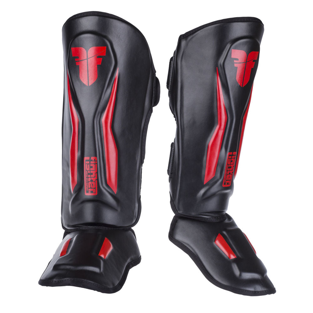 Espinilleras de combate Thai Ergo, color negro y rojo, FSG-004BR