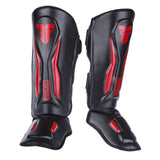 Espinilleras de combate Thai Ergo, color negro y rojo, FSG-004BR