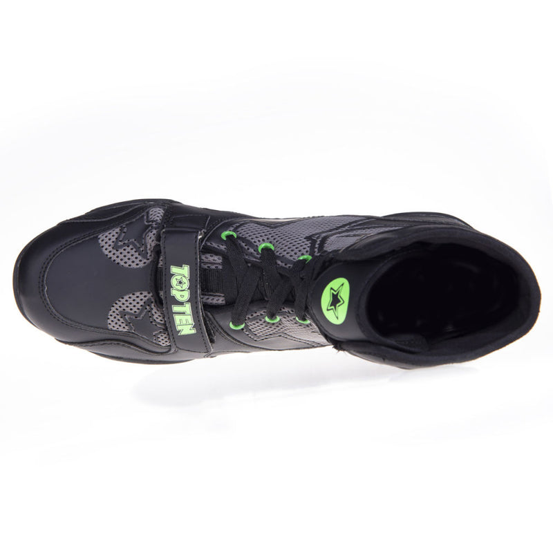 TopTen Boxing Shoes - Black/Grey Mid-Top with Lockdown Strap, 1172-1